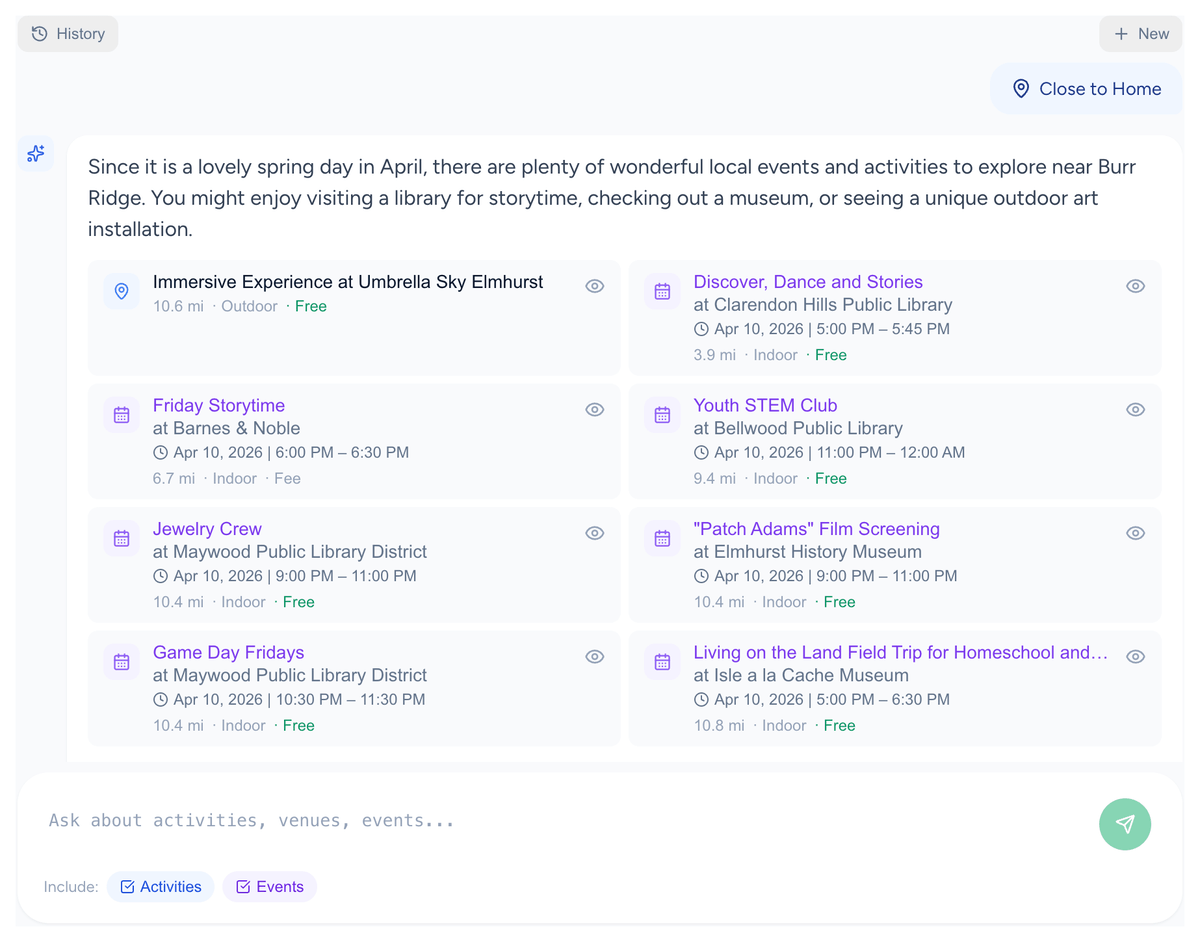 Kidlist Concierge chat showing personalized activity recommendations for a spring day