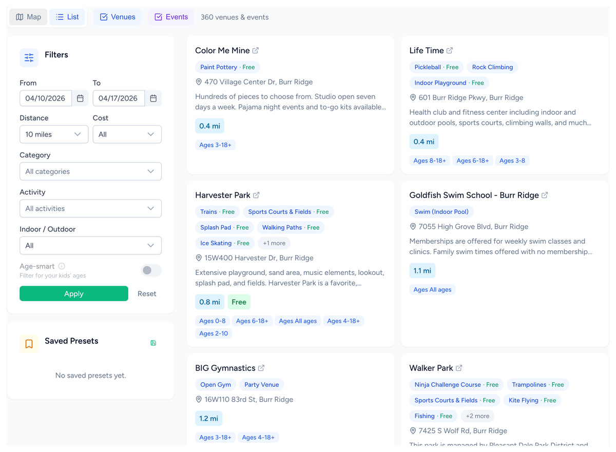 Kidlist Explore page with filter sidebar and a grid of venue cards