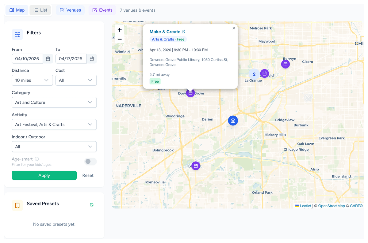 Kidlist Explore page showing an interactive map with venue pins and activity filters