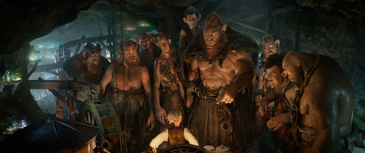 (Left to right) Gizzardgulper, Childchewer, Maidmasher, Bloodbottler, Manhugger, Fleshlumpeater, Meatdripper, Butcher Boy, and Bonecruncher surround the BFG in Disney's THE BFG, the imaginative story of a young girl named Sophie (Ruby Barnhill) and the Big Friendly Giant (Oscar (R) winner Mark Rylance) who introduces her to the wonders and perils of Giant Country. Directed by Steven Spielberg based on Roald Dahl's beloved classic, the film opens in theaters nationwide on July 1.