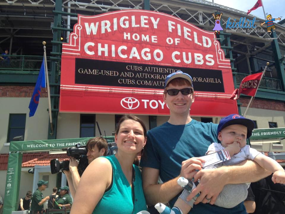 Bringing kids to the ball game - our family standing outside of Wrigley Field last summer for our son's first game!