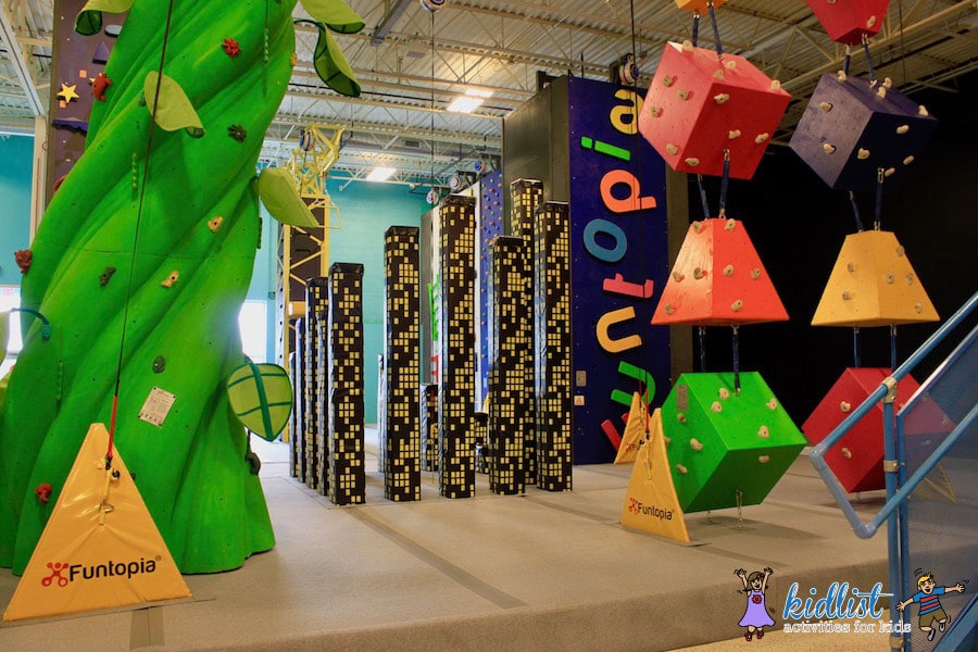 Multiple colorful climbing structures in Funtopia's Naperville location.