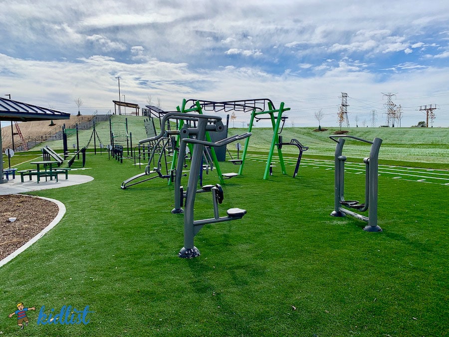 Fitness equipment and obstacles at Naperville's Wolf's Crossing park.