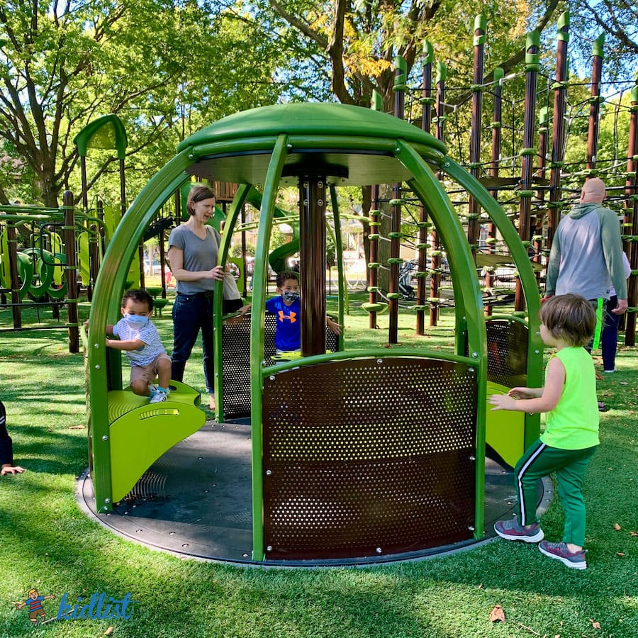 "We-Go-Round" merry-go-round with large entrances that are at the same level as the artificial turf play surface.