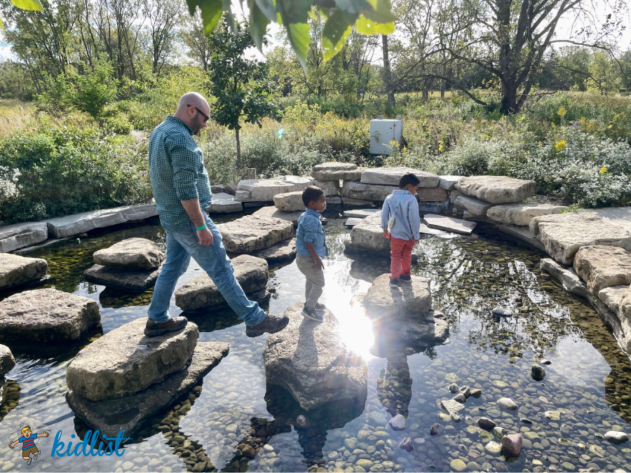 A man walking across a pond with two preschoolers.