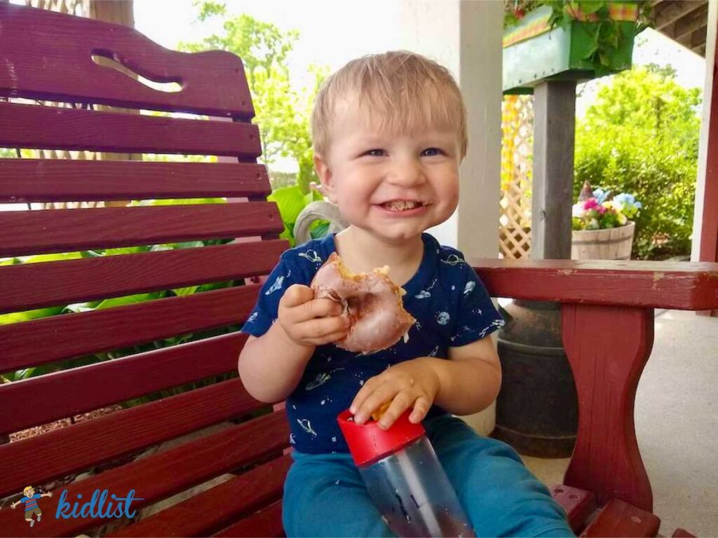 boy enjoying an apple cider donut while at an apple orchard after apple picking