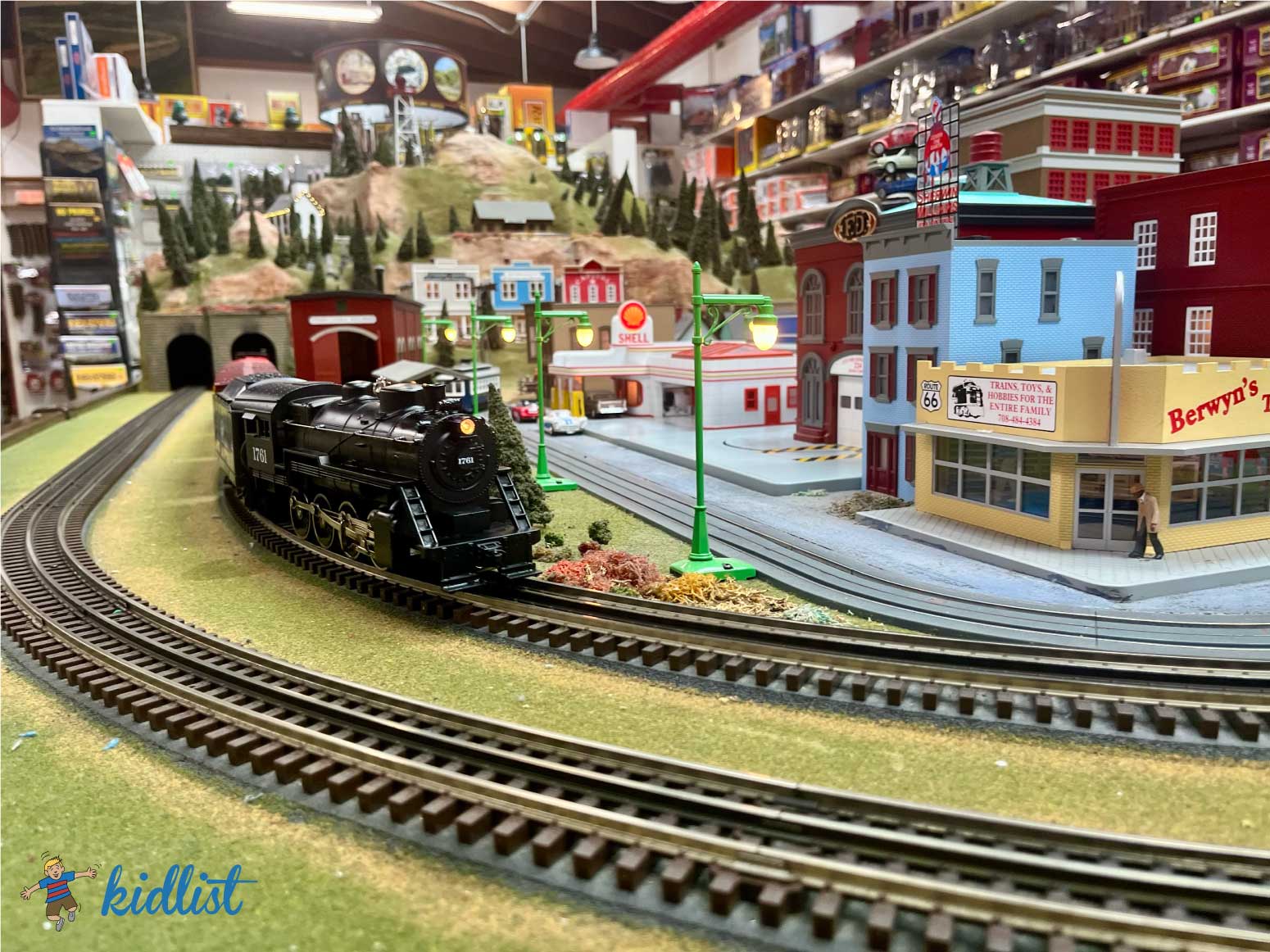 A model train coming around the track at Berwyn's Toys & Trains store