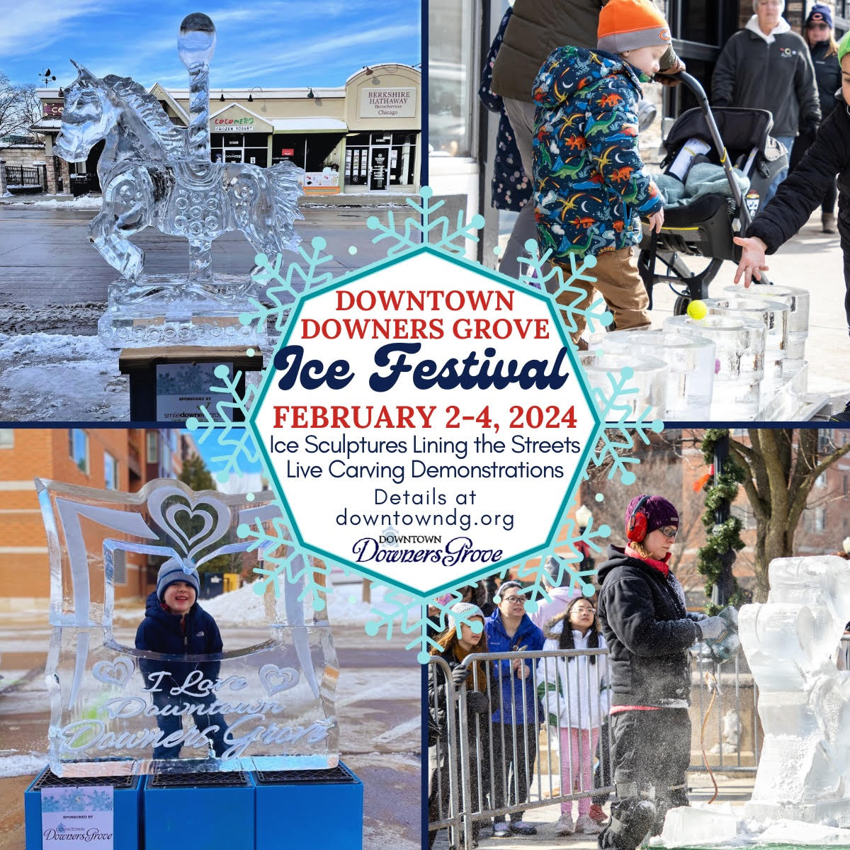 Downtown Downers Grove Ice Festival, February 2-4, 2024. Ice Sculptures Lining the Streets, Live Carving Demonstrations.