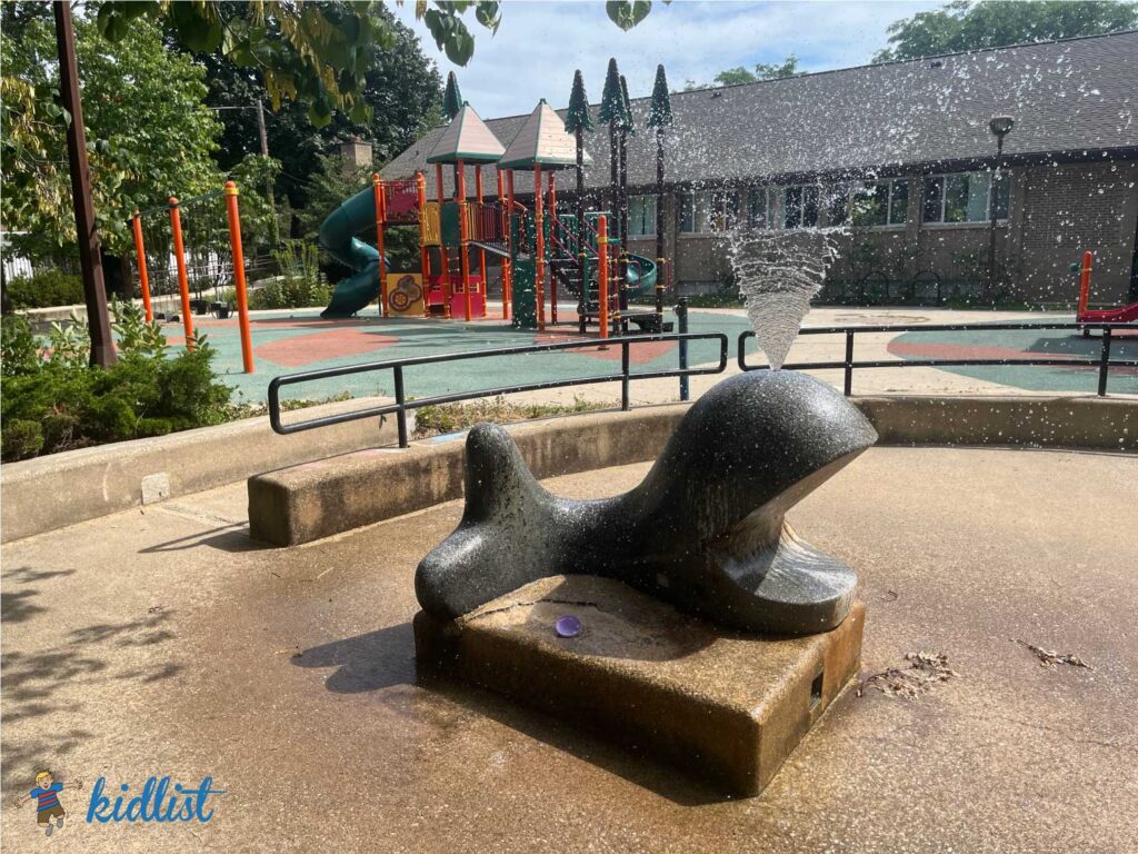 Whale fountain at Fox Park in Oak Park