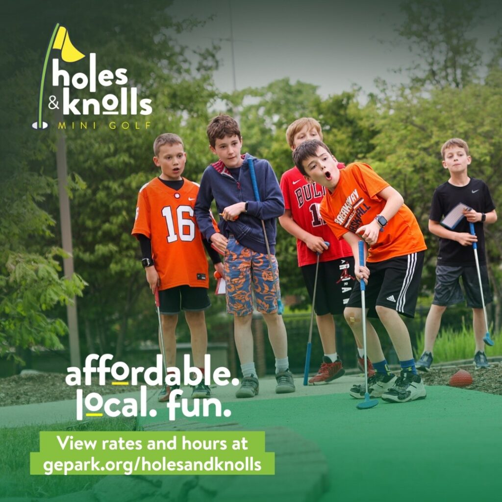 Kids at a mini golf hole with the "holes & knolls" logo and "affordable. local. fun."