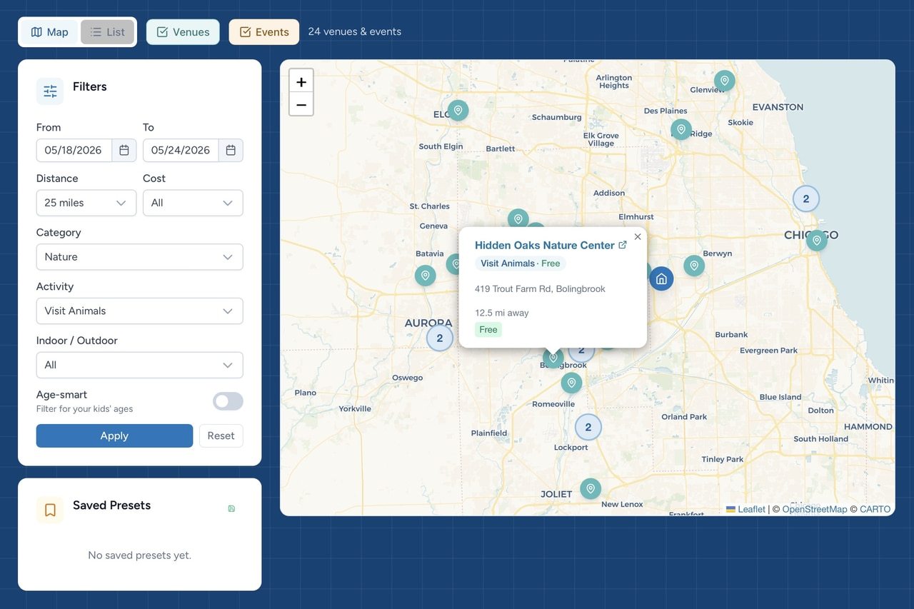 Kidlist Explore page showing an interactive map with venue pins and activity filters