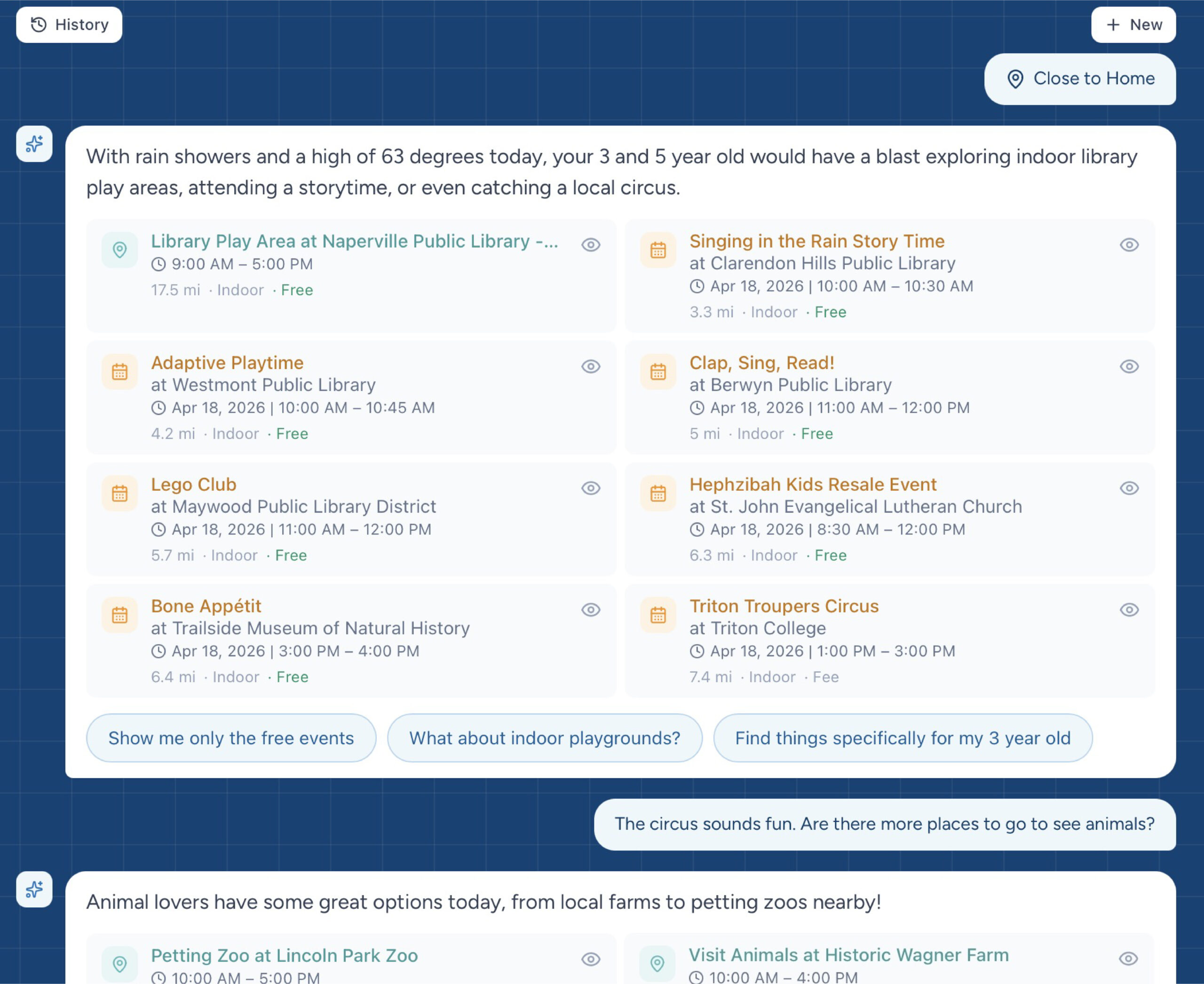 Kidlist Concierge chat showing personalized activity recommendations for a spring day