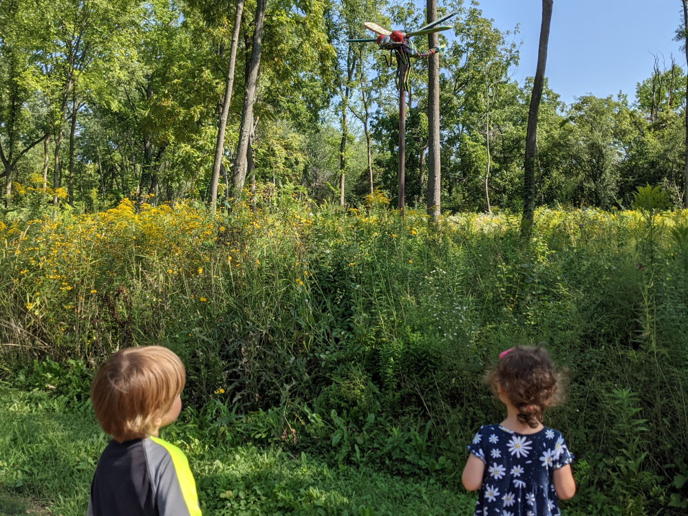A metal dragonfly sculpture by a gravel path in a natural area with tall grass and some tree cover. Two children look up at the sculpture.